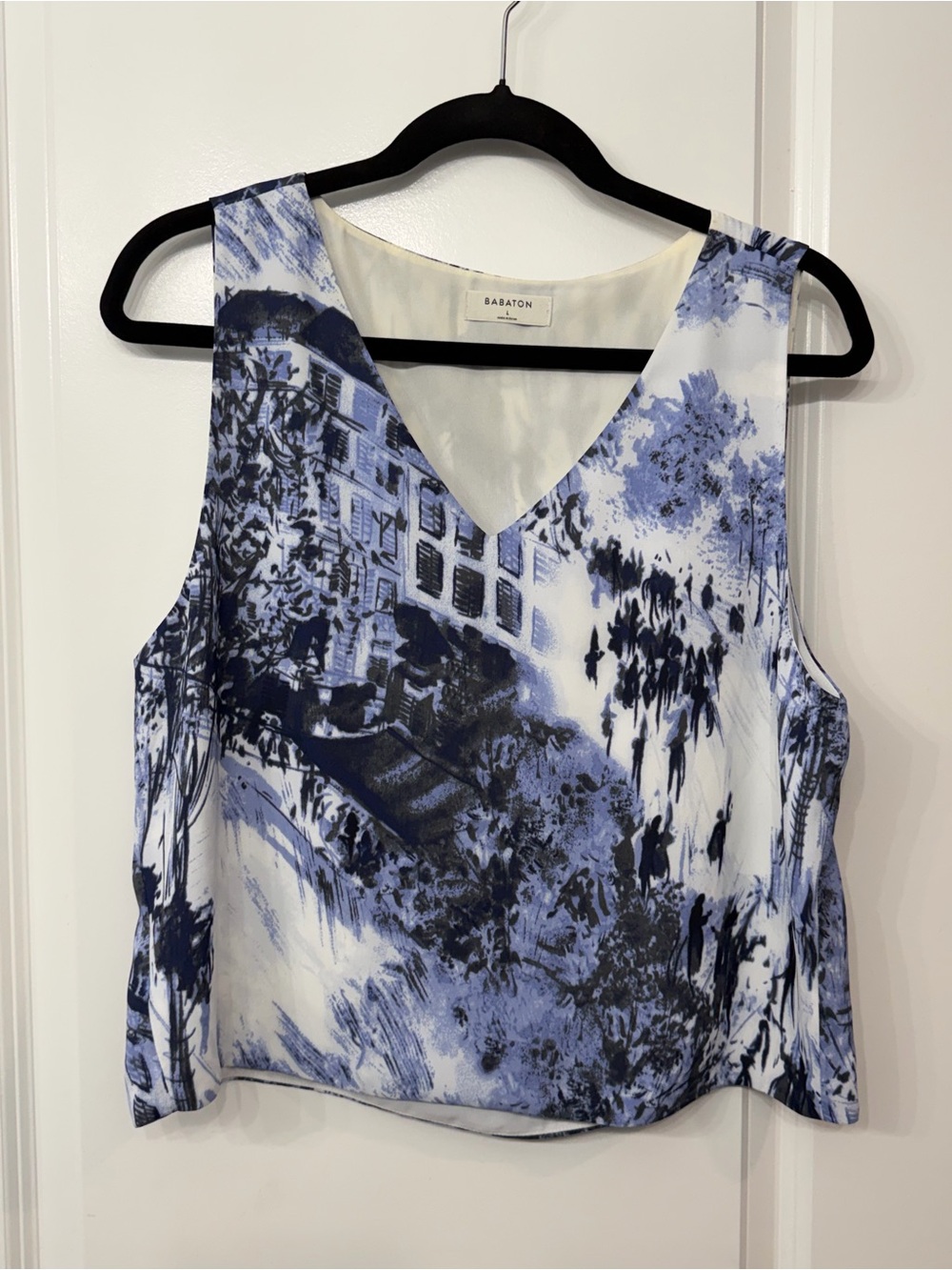 Aritzia Babaton Blue & White Scenic V-Neck Sleeveless Top